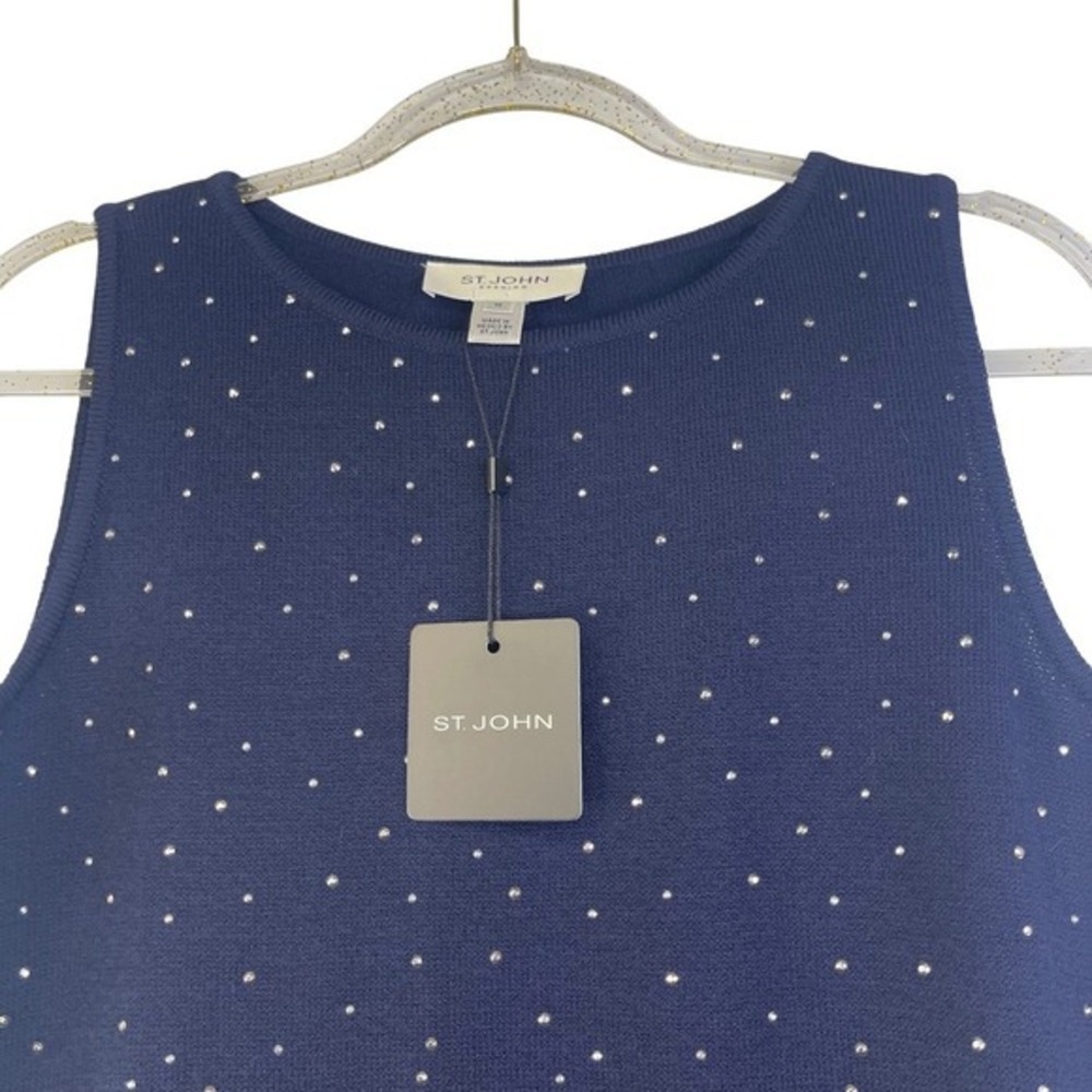 St. John Wool Blend Knit Shell Navy Silver Rhinestone Evening Top Quiet Luxury M - Picture 1 of 11